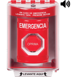 ?Boton Multiproposito, Color Rojo, De Superficie con Espaciador, C/Tapa De Policarbonato, C/Bocina Pre Alarma, Interior/Exterior, Llave Para Restablecer, Texto De Emergencia, Español
