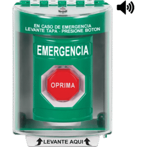 ?Boton Multiproposito, Color Verde, De Superficie con Espaciador, C/Tapa De Policarbonato, C/Bocina Pre Alarma, Interior/Exterior, Llave Para Restablecer, Texto De Emergencia, Español