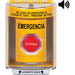 ?Boton Multiproposito, Color Amarillo, De Superficie con Espaciador, C/Tapa De Policarbonato, C/Bocina Pre Alarma, Interior/Exterior, Llave Para Restablecer, Texto De Emergencia, Español