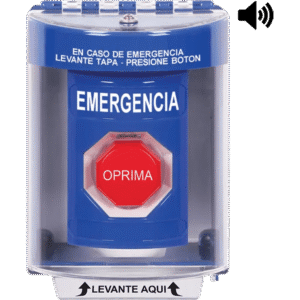 ?Boton Multiproposito, Color Azul, De Superficie con Espaciador, C/Tapa De Policarbonato, C/Bocina Pre Alarma, Interior/Exterior, Llave Para Restablecer, Texto De Emergencia, Español