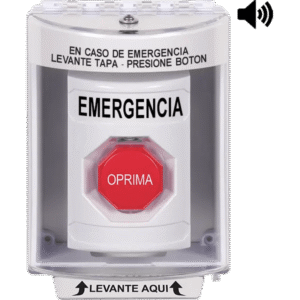 ?Boton Multiproposito, Color Blanco, De Superficie con Espaciador, C/Tapa De Policarbonato, C/Bocina Pre Alarma, Interior/Exterior, Llave Para Restablecer, Texto De Emergencia, Español