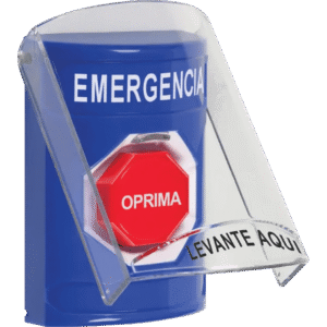 ?Boton Multiproposito, Color Azul, De Superficie, Con Tapa De Policarbonato, Sin Bocina Pre Alarma, Solo Interior, Llave Para Restablecer, Texto De Emergencia, Español